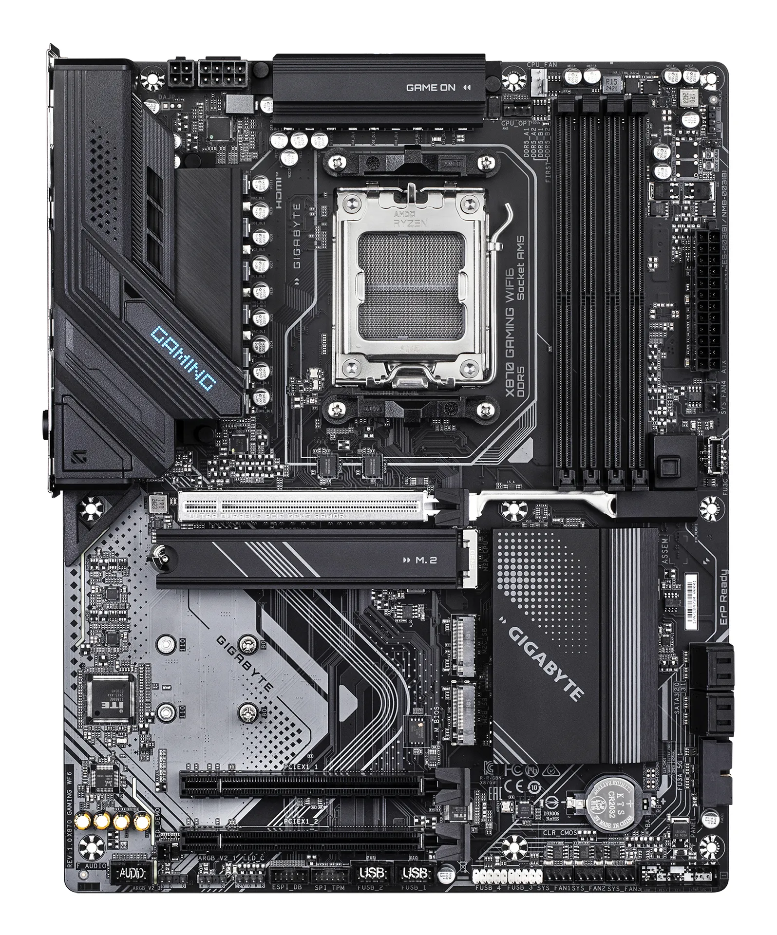GIGABYTE X870 GAMING WIFI6 Mainboard - Unterstützt AMD Ryzen 9000 CPUs, 8+2+2 Phasen VRM, bis zu 8000MHz DDR5 (OC), 1xPCIe 5.0 + 2xPCIe 4.0, Wi-Fi 6, 2.5GbE LAN, USB 4 – Bild 2