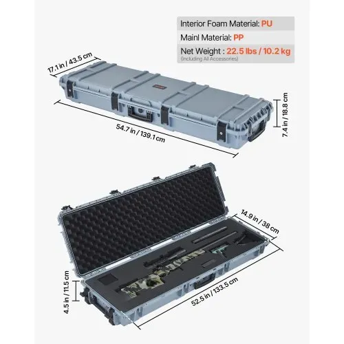 VEVOR Waffenkoffer mit Hartschale für Langwaffen, abschließbarer Gewehrkoffer mit vorgeschnittenen Schaumstoffen, Langwaffenkoffer Waffenaufbewahrung rollbar IP67 wasserfest, 139,1 x 43,5 x 18,8 cm Grau – Bild 2