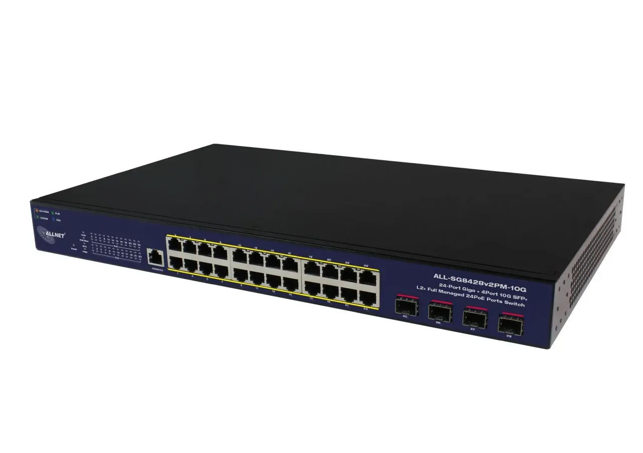 ALLNET Switch smart managed Layer2 28 Port • 24x 1 GbE • PoE Budget 400W • 4x SFP+ • 19″ • Lüfterlos • ALL-SG8428v2FPM-10G ALLNET Switch smart managed Layer2 28 Port • 24x 1 GbE • PoE Budget 400W • 4x SFP+ • 19″ • Lüfterlos • ALL-SG8428v2FPM-10G