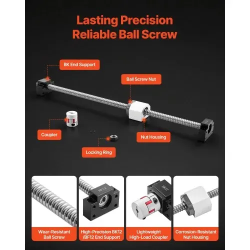VEVOR Linearführungen, HGR20, 2er-Pack 600 mm Linearschienen, 1x Kugelumlaufspindel, 4x. Gleitblöcke, mit BF12/BK12 Endstütze, Kupplung & Muttergehäuse, für DIY-CNC-Fräsmaschinen & Drehmaschinen – Bild 2