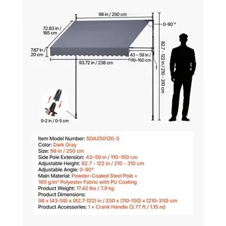 VEVOR Klemmmarkise 250 cm, Höhenverstellbare Markise mit Handkurbel, Terrassenmarkise UPF 80+ Sonnenschutz, Sonnenmarkise, Balkonmarkise, Ideal für Terrasse, Balkon & Garten, Dunkelgrau VEVOR Klemmmarkise 250 cm, Höhenverstellbare Markise mit Handkurbel, Terrassenmarkise UPF 80+ Sonnenschutz, Sonnenmarkise, Balkonmarkise, Ideal für Terrasse, Balkon & Garten, Dunkelgrau