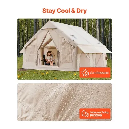 VEVOR Aufblasbare Zelte für Camping 3x3x2,3 m, 4–6 Personen, 300D Oxford 4-Jahreszeiten-Glamping-Zelt mit Handpumpe, Ofenanschluss, 2 Türen & 4 Netzfenstern, inkl. Aufbewahrungstasche für Transport – Bild 3