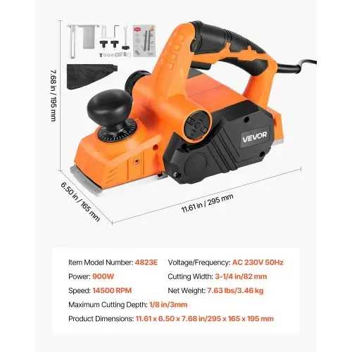VEVOR Elektrohobel, 82 mm Schnittbreite, 900 W, 14500 U/min, Handhobel für Holz, mit einstellbarer Schnitttiefe, 2 Klingen, für Holzbearbeitung, Holzfasen, Heimwerkerarbeiten, Hobelmaschine – Bild 6