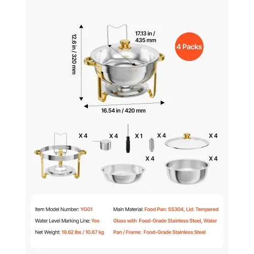 VEVOR Chafing Dish Set 4-tlg. 5,68 L Warmhaltebehälter Edelstahl für Buffets, Hochzeiten, Partys & Familienfeiern, Sichtdeckel, Wasserbehälter, Brennstoffbehälter, Stapelbar für Warme & Kalte Speisen – Bild 6