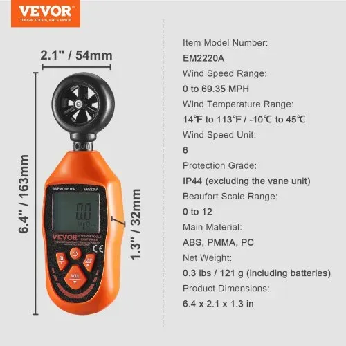 VEVOR Anemometer 69,35MPH Luftgeschwindigkeitsmesser 163x54x32mm Windmesser IP44 Windmessgerät Windstärkemesser MAX/MIN/AVG/CU-Windgeschwindigkeitsdaten -10-45℃ Luftmesser Geschwindigkeitsmessgerät – Bild 6