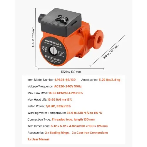 VEVOR LPS25-6S/130 Umwälzpumpe aus Gusseisen, 1/8 PS, 55 LPM, Warmwasser-Zirkulationspumpe, Gewindeanschluss, 3-stufige Geschwindigkeitseinstellung, leiser Betrieb, für Heizungsanlagen zu Hause – Bild 6