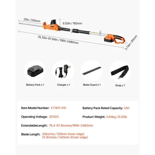 VEVOR Heckenschere Akku, 1200 U/min, 199-248 cm ausziehbar, Heckentrimmer für hohe Äste, 20-V-Akku, kabellose Elektroheckenschere mit 51 cm Klinge, 5 Winkel einstellbar für Hof und Garten – Bild 6