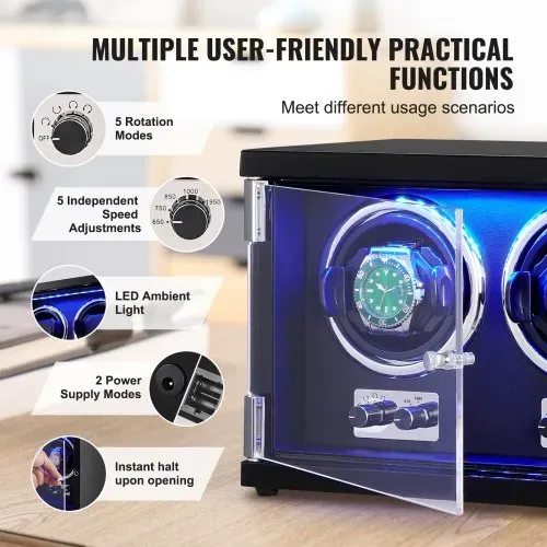 VEVOR Uhrenbeweger, Automatik-Uhrenbeweger, Watch Winder, Uhrenbeweger für Automatikuhren, Automatischer Uhrenbeweger mit Platz für 2 Uhren, LED Beleuchtung, 150–207 mm Einstellbare Riemenlänge – Bild 4