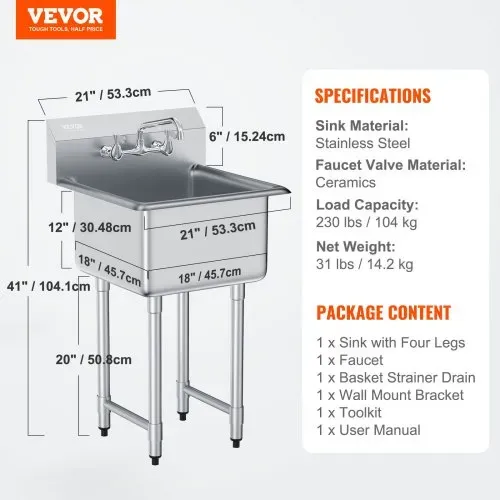 VEVOR Edelstahl Spültisch Gewerbliche Spülbecken 533,4x457x1041mm Wasserhahn – Bild 6