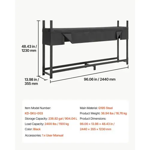 VEVOR Kaminholzregal 1/2 Cord Brennholzregal Feuerholzregal 2440x355x1230mm, für Kamin Terrasse Balkon, Rahmen aus Kohlenstoffstahl Pulverbeschichtet, Tragfähigkeit 1100 kg, Kapazität 904,04 L Schwarz – Bild 6
