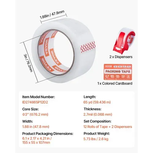 VEVOR Transparentes Packband, 76,2 mm Kern, 12er-Set 47,8 mm x 59,436 m Paketklebeband mit Spender, 0,068 mm Hochleistungs-Klebeband, ideal für Umzüge, Lagerung & Verpackung, Versand & Postversand – Bild 6