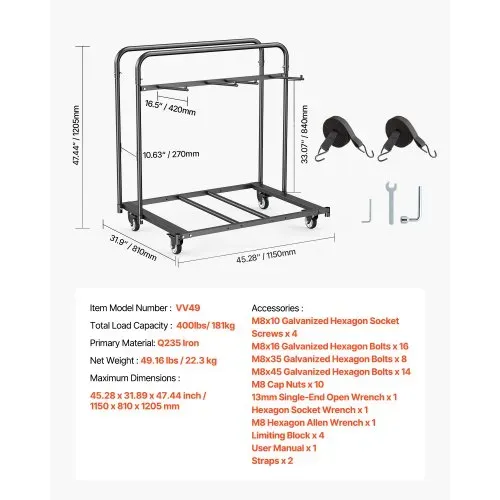 VEVOR Stuhlkarre, Klappstuhlwagen, 180 kg, für 5 Tische + 14 Stühle, Stuhlaufbewahrungswagen mit Stuhlhalter mit Lenkrollen & Feststellrädern, für Partyveranstaltungen, Hotels, Mattschwarz – Bild 6