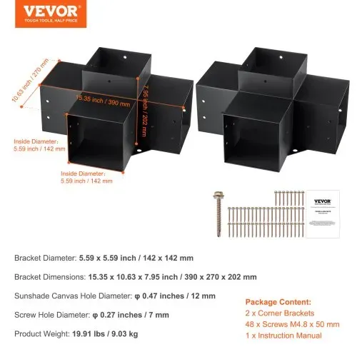 VEVOR 2er-Set Pfostenverbinder aus 2 mm dicken Stahlplatten Pfostenecke Pergola Eckverbinder Holzverbinder 90°-Stiefelstruktur Eckhalterung Holzbalken Pavillon Halterungs Set 390x270x202mm – Bild 6