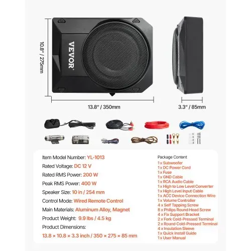 VEVOR Untersitz Auto Subwoofer 400 W 254 mm schlanker Auto Subwoofer mit Stromversorgung, Subsystem mit eingebautem Verstärker, Hoch-/Niedrigpegel-Eingang und Lautstärkeregler für SUVs Lkws – Bild 6