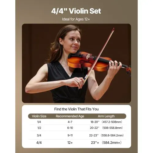 VEVOR Violine 4/4, 584,2 mm Armlänge, Geigenset mit Hartschalenkoffer, Kolophonium, Bogen, Schulterstütze, Steg, Stimmgerät & zusätzlichen Saiten, für Anhänger/in ab 12 Jahren (braun) – Bild 3