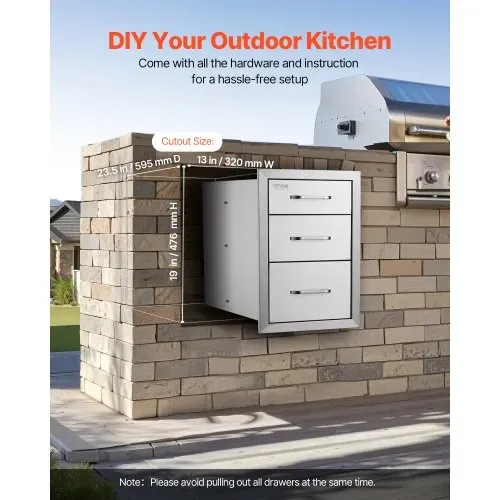 VEVOR Outdoor-Küchenschubladen, Unterputz-Grillschubladen aus Edelstahl mit dreifachem Zugriff und Griff, Grillinselschubladen für Außenküchen oder Terrassen-Grillstationen 356 x 516 x 588 mm – Bild 5