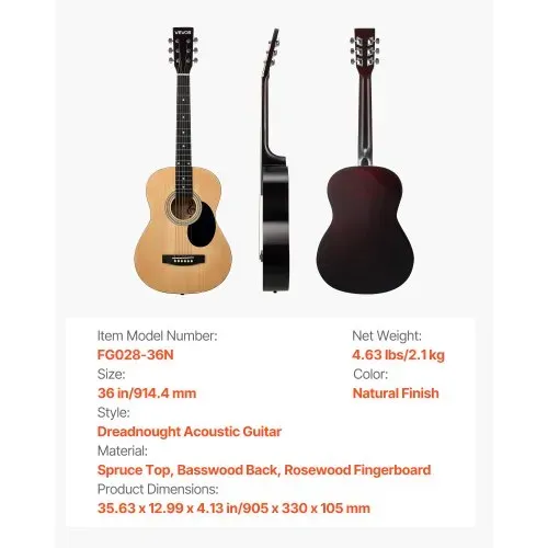 VEVOR Dreadnought Akustik Gitarre 36 in / 914,4 mm Anfängerpaket mit Gigbag Natur – Bild 6