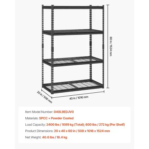 VEVOR Lagerregale, 1096 kg, 4-stufiges Schwerlastregal für die Garage, 508 x 1016 x 1524 mm, verstellbare Metallregale für Industrieregale, Garagenregal, Kellerregal für Küche, Lager, Keller, schwarz – Bild 6
