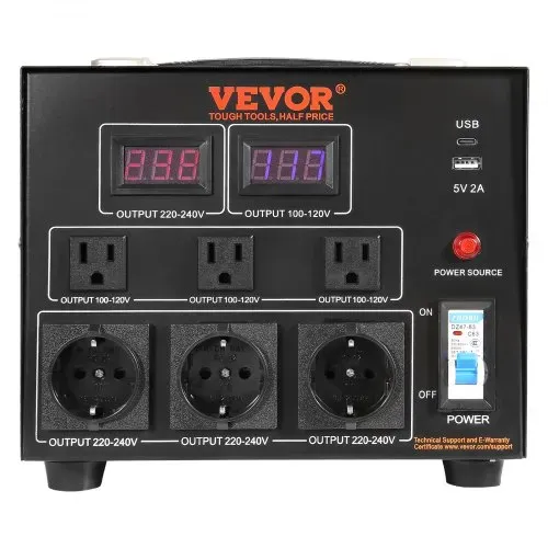 VEVOR 3000W Spannungswandler Transformator AC 110V⇋220V Transformer Wandler 3 US NEMA 5-15R 3-polige Ausgangssteckdosen, 3 europäische Shucko-Ausgangssteckdosen, 1 USB-Buchse und 1 Typ-C-Buchse – Bild 8