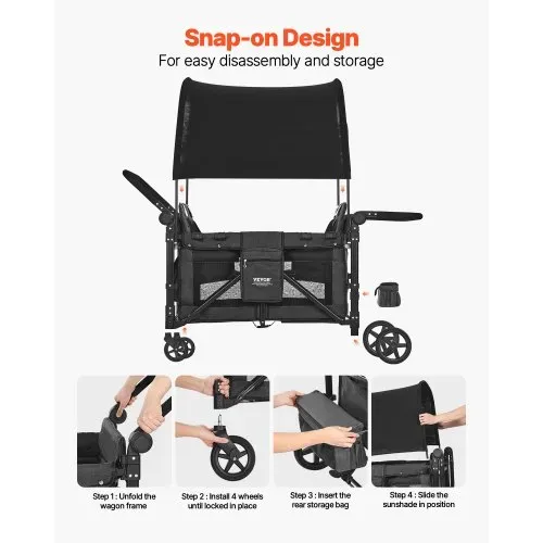 VEVOR Kinderwagen für 4 Kinder, Push-Pull-Reisebuggy mit verstellbarem Griff, Sicherheitsgurt und abnehmbarem Verdeck, 4-Sitzer-Bollerwagen für Camping, Dunkelgrau und Schwarz (150 kg Tragkraft) – Bild 5