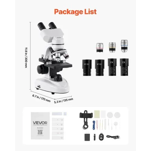 VEVOR Binokularmikroskop für Erwachsene, zusammengesetztes Mikroskop-Set mit 40-2000-facher Vergrößerung, Gehäuse aus Aluminiumlegierung, inklusive LED-Licht & Telefonhalterung, für Labor Schule – Bild 6