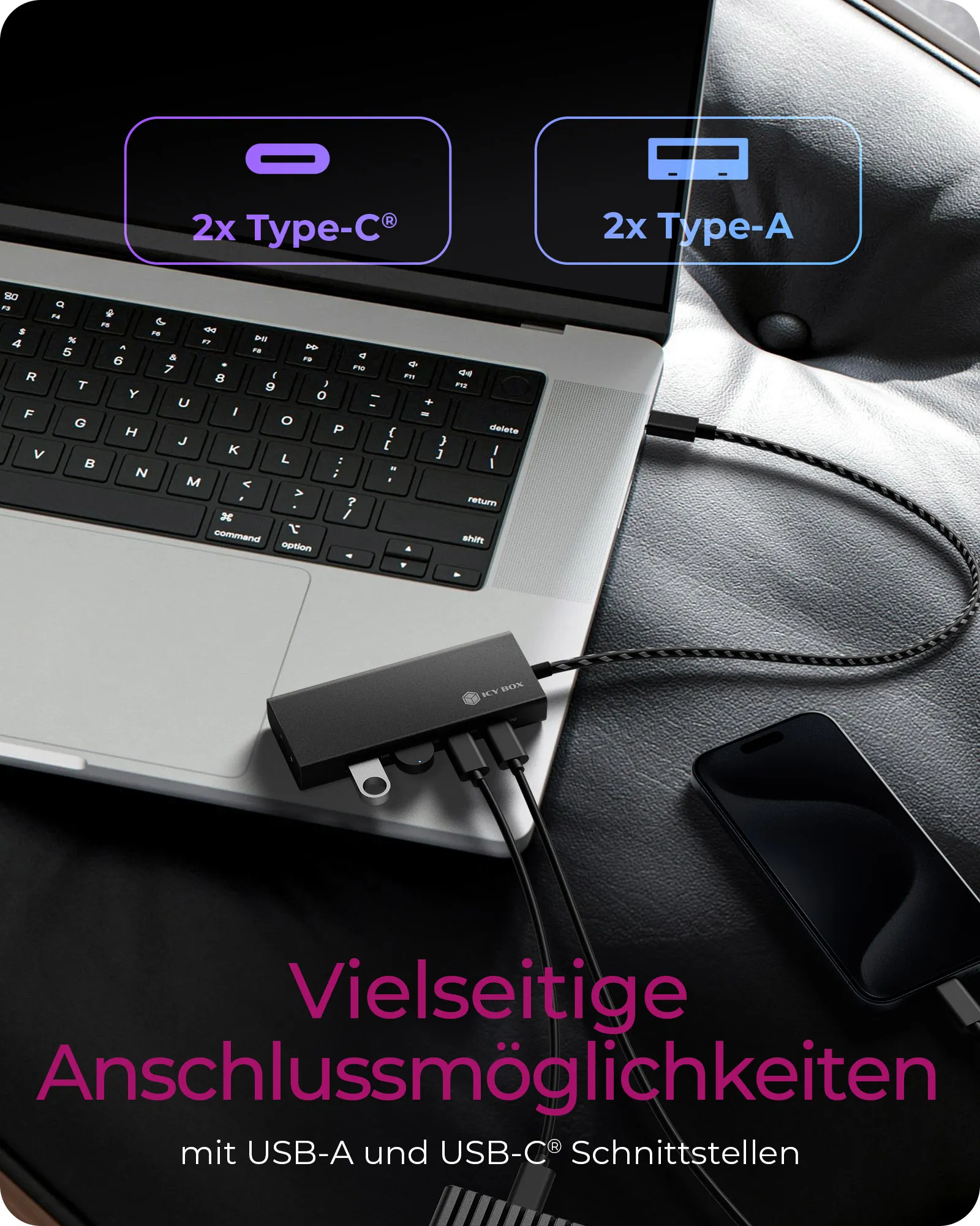 ICY BOX IB-HUB1436-CPD, USB 3.2 Gen 2 Hub, 1x Type-C® zu 2x Type-C® und 2x Type-A USB Anschlüssen 10 Gbit/S und Power Delivery bis zu 100 W, schwarz – Bild 3