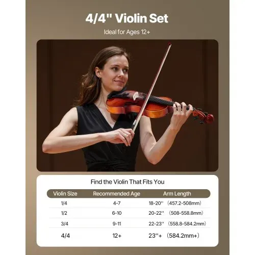VEVOR Violine 4/4, 584,2 mm Armlänge, Geigenset mit Hartschalenkoffer, Kolophonium, Bogen, Schulterstütze, Steg, zusätzlichen Saiten, professionelles Massivholzinstrument (glänzend braun) – Bild 3