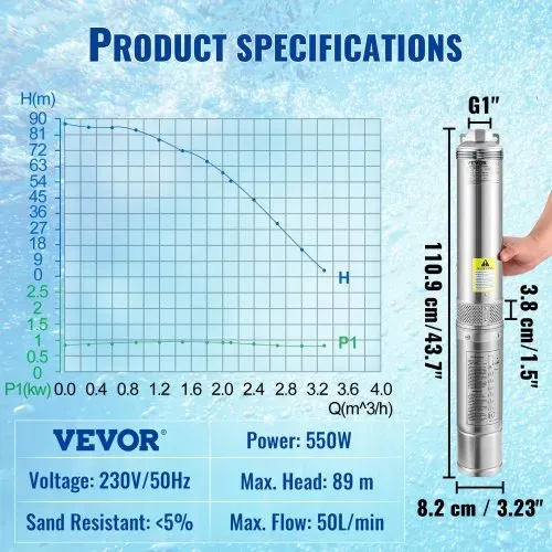 VEVOR 76 mm Tiefbrunnenpumpe 550 W Brunnenpumpe max. Durchfluss 50 L/min Tauchpumpe max. Förderhöhe 89 m Tauchwasserpumpe sandbeständig < 5% max. Drehzahl – Bild 6