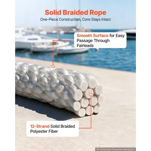 VEVOR Polyesterseil 6,4 mm x 152 m Massiv Geflochtenes Universalseil Weiß, UV-beständiges Allzweckseil für Festmacher Zeltaufbau Camping & Heimgebrauch, 522 kg Bruchlast, 12 Stränge, mit Seilspule – Bild 3