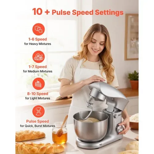 VEVOR Knetmaschine Küchenmaschine zum Backen, 1500 W Teigmaschine mit Edelstahlschüssel (4,2 L) & Knethaken & Rührbesen & Schneebesen, 10-Gang einstellbare kippbare Rührmaschine Standmixer – Bild 3