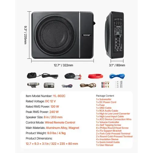 VEVOR Untersitz Auto Subwoofer 240 W schlanker Auto Subwoofer mit Stromversorgung, Subsystem mit eingebautem Verstärker, Hoch-/Niedrigpegel-Eingang und Lautstärkeregler für SUVs Lkws Wohnmobile – Bild 6