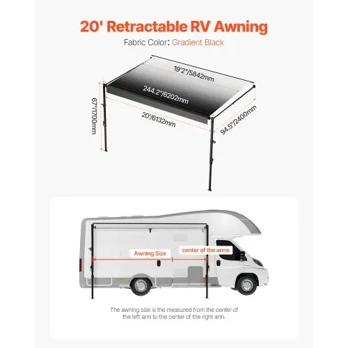 VEVOR Wohnwagen Markise einziehbare RV Markisen (609,6 cm) wasserdichter Sonnenschutz mit Aluminiumlegierungsrahmen, Außenmarkise mit schwarzem Ständer und schwarzen Stoffen mit Farbverlauf – Bild 6
