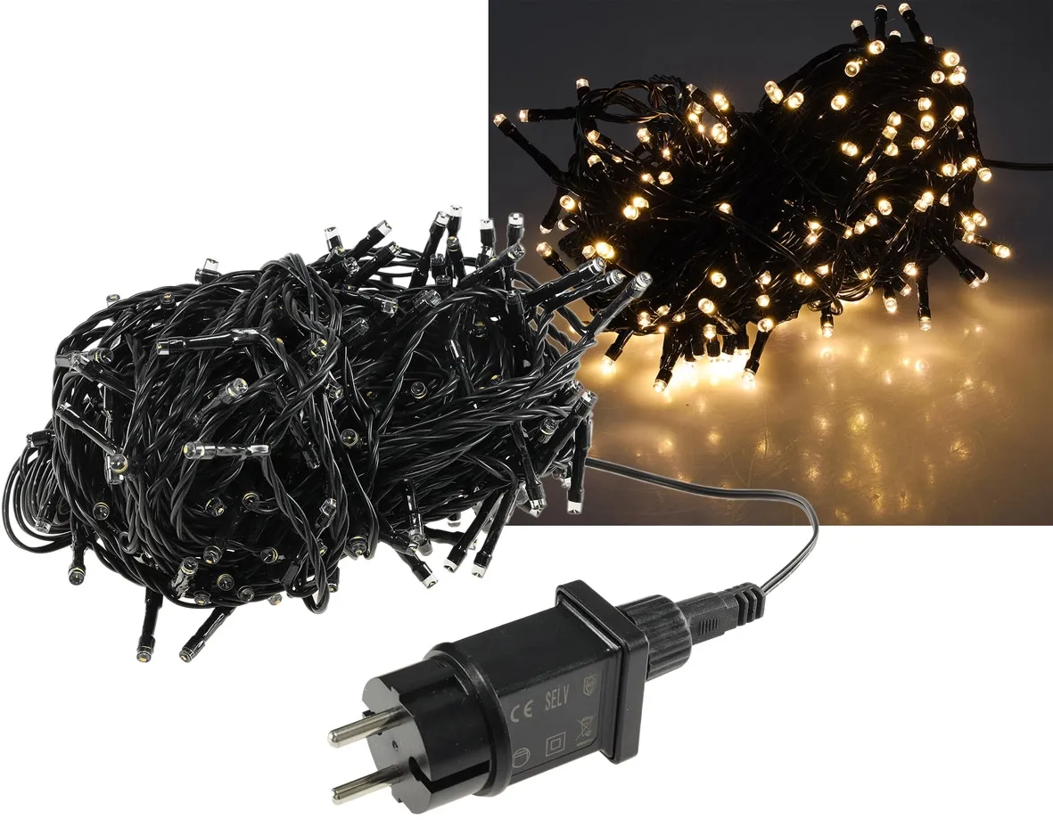 LED Aussen-Lichterkette „CT-ALK200“ 20m warmweiß, Kabel schwarz, IP44, 200 LEDs LED Aussen-Lichterkette „CT-ALK200“ 20m warmweiß, Kabel schwarz, IP44, 200 LEDs