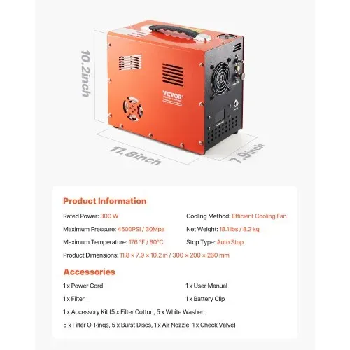 VEVOR PCP-Luftkompressor, 4500 PSI/30 MPa PCP-Luftgewehrkompressor mit eingebautem Konverter & Lüfterkühlsystem, Auto-Stopp DC12 V/AC230 V Paintball-Tankkompressor für Luftgewehr, Tauchflasche – Bild 6