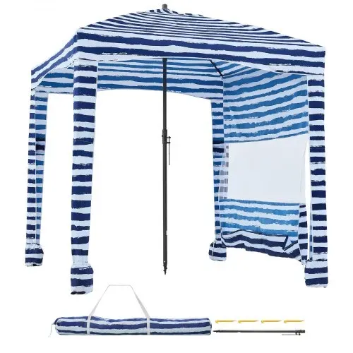 VEVOR Strand-Cabana, 183 x 183 cm Strandüberdachung mit Seitenwand, UPF 50+ Sonnenschutz, Strandpavillon mit Sandsäcken, tragbarer Sonnenschutz Sonnenschirm für Familie Freunde marineblaue Streifen – Bild 8