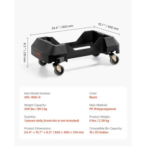 VEVOR Mülltonnenwagen 460x252 mm, passend für 60,6/87 L Behälter, Abfalleimer Dolly mit 4 feststellbaren Rädern, 90 kg Tragkraft, Tonnen-Rollwagen, Mülltonnen-Rollwagen aus Kunststoff – Bild 6