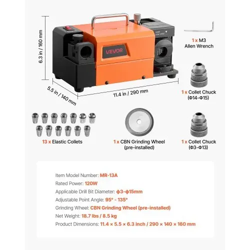 VEVOR Bohrerschleifgerät MR-13A, 3-15 mm, mit 95°-135° einstellbarem Spitzenwinkel, 4600 U/min Hochgeschwindigkeits-Nachschärfmaschine mit 13 Spannzangen & CBN-Schleifscheibe für Werkstätten & Garagen – Bild 6