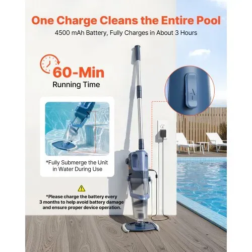VEVOR Akku-Poolsauger Handpoolsauger Bodensauger Unterwassersauger 100L/min, Poolreiniger für Aufstellpools 60 Minuten Laufzeit Starke Saugkraft für Blätter & Schmutz mit Verlängerungsstange – Bild 3