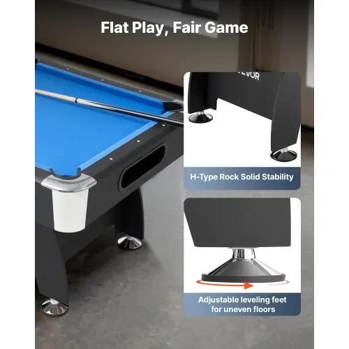 VEVOR Billardtisch 213 cm moderner Spieltisch mit verstellbaren Füßen, komplettes Set inkl. Bällen/Queues/Ständer/Kreide/Bürste, für Spielzimmer Freizeiträume schwarz mit blauem Tuch – Bild 4