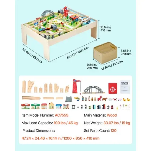 VEVOR Holz Aktivitätstisch, 120-teilig, mit zusammenklappbarem Aufbewahrungsbehälter, 3-in-1-Eisenbahn-Set zum Spielen, Malen, Lesen, Essen, kreatives Spielzeug-Set für Kinder ab 3 Jahren – Bild 6
