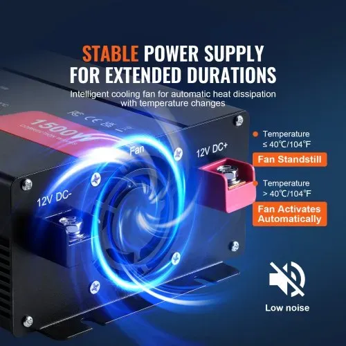 VEVOR Modifizierter Sinus-Wechselrichter, 1500 W DC 12 V AC 230 V Wechselrichter mit 2 AC-Steckdosen 2 USB-Anschlüssen 1 Typ-C-Anschluss 6 Ersatzsicherungen für Smartphone, Laptops – Bild 4
