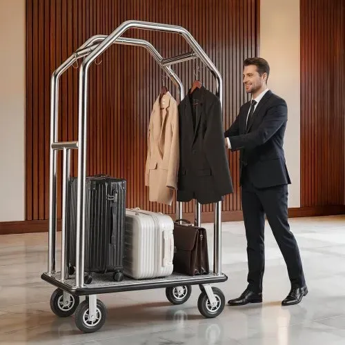 VEVOR Hotelgepäckwagen aus Edelstahl, 680,39kg Belastbarer Kofferwagen mit 8 Zoll Gummirädern, Hotelwagen mit Grauem Teppichboden & Garderobenstange, Gepäckwagen Gewerblich für Hotels Resorts, Silber – Bild 7