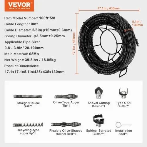 VEVOR Rohrreinigungsspirale 30 m x 16 mm, professionelles Rohrreinigungskabel mit 7 Schneidern für 20-100 mm Rohre, Hohlkern-Kanalisationsspirale für Spüle, Bodenablauf, Toilette – Bild 6