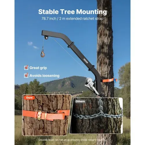 VEVOR Game Hoist zur Baummontage, Tragkraft 160 kg, Wildhebezeug mit Ratschengurt, Hochleistungs-Hirschaufhänger zum Häuten, Säubern, Aufhängen von Wildtieren, 1200 x 310 x 130 mm, Schwarz – Bild 4