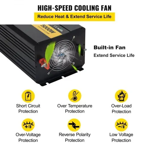 VEVOR Wechselrichter, 5000 W modifizierter Sinus-Wechselrichter, 12 V DC auf 110 V AC Fahrzeugadapter, mit LCD, Fernbedienung, LED-Licht & GFCI-Steckdosen für RV, LKWs, Boote & Outdoor-Adv – Bild 5