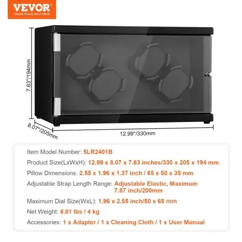 VEVOR Uhrenbeweger, Automatik-Uhrenbeweger, Watch Winder, Uhrenbeweger für Automatikuhren, Automatischer Uhrenbeweger mit Platz für 4 Uhren, LED Beleuchtung, Max. 20 cm Riemenlänge Schwarz – Bild 6