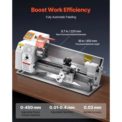 VEVOR Metalldrehmaschine 220x450 mm Tischdrehmaschine Automatischer Vorschub 2500 U/min Drehzahl 1250 W Bürstenloser Motor, mit Zubehör, Drehmaschine für die Bearbeitung von Präzisionsteilen – Bild 3