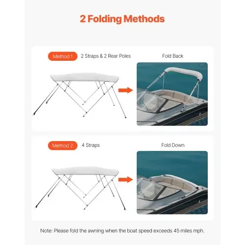 VEVOR Bimini Top Bootsabdeckung Sonnenverdeck (4 Bögen) aus 600D Polyester mit Rahmen aus Aluminiumlegierung, wasserdichte Sonnenschutz-Bootsmarkise mit Aufbewahrungstasche, 216-229 cm Hellgrau – Bild 3