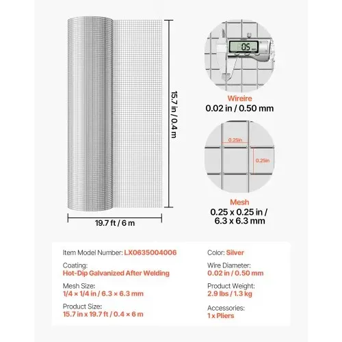 VEVOR Drahtgitter Feinmaschig 0,4x6 m Maschendraht φ0,5 mm, 6,3x6,3 mm Masche Feuerverzinkt, Drahtgitterrolle, Volierendraht, Kaninchendraht, Hühnerdraht, Hasendraht, für Geflügelkäfige – Bild 6