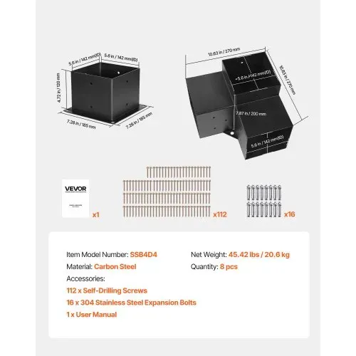 VEVOR Pfostenverbinder, Pfostennecke für 142 x 142 mm Pfosten, inkl. 4 Stk.3-Wege-Hochleistungs-Eckhalterung & 4 Stk. Pfostenträger, Pergola-Halterung-Set für Pavillons, Terrassenpergolen – Bild 6